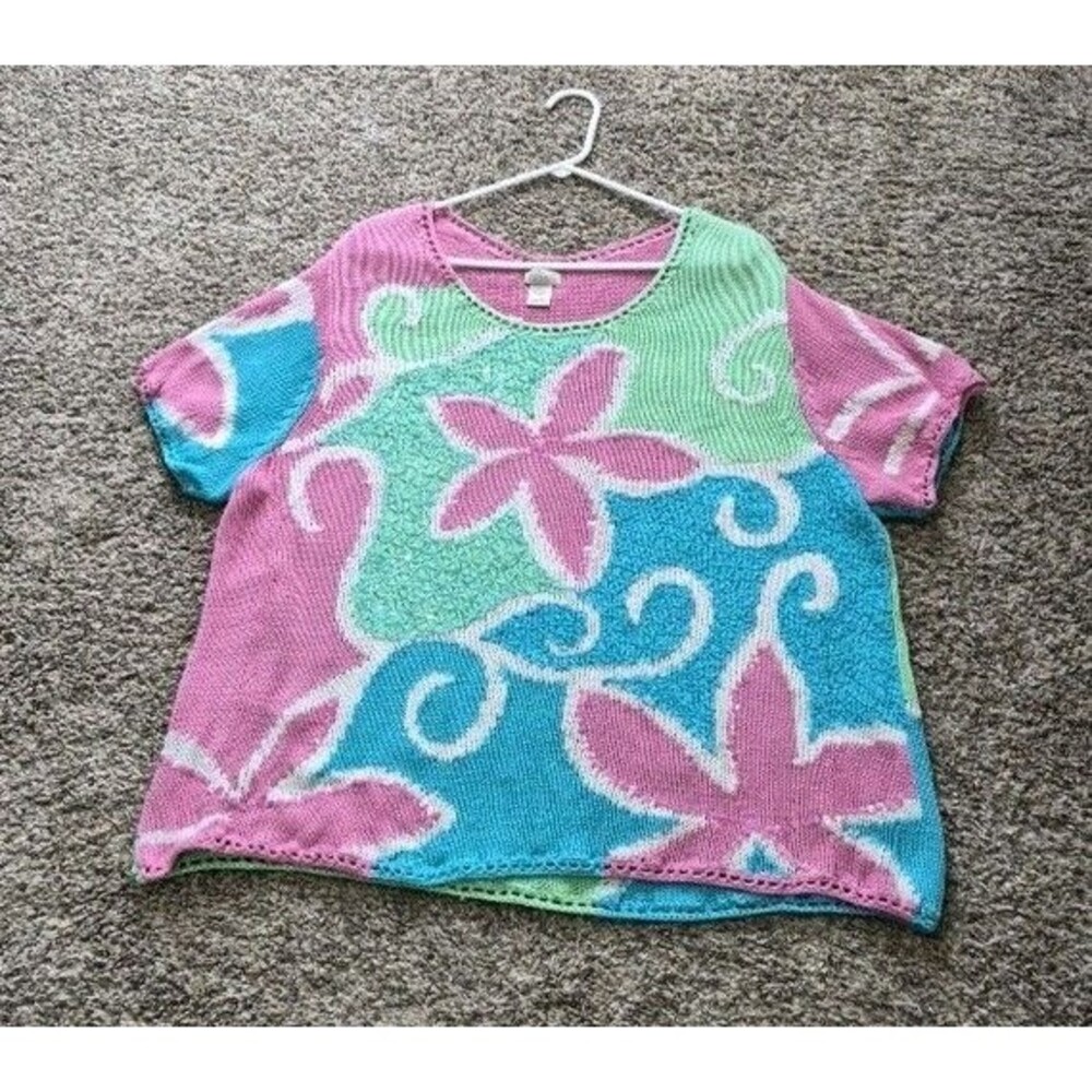 Vintage Sigred Olsen Colorful Floral Knit Short Sleeved Top Linen Sequins 3x